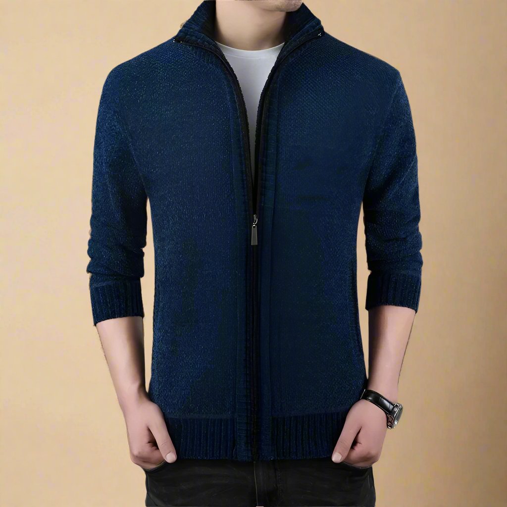 Slim Casual Knitted Jacket for Men with Zip and Collar