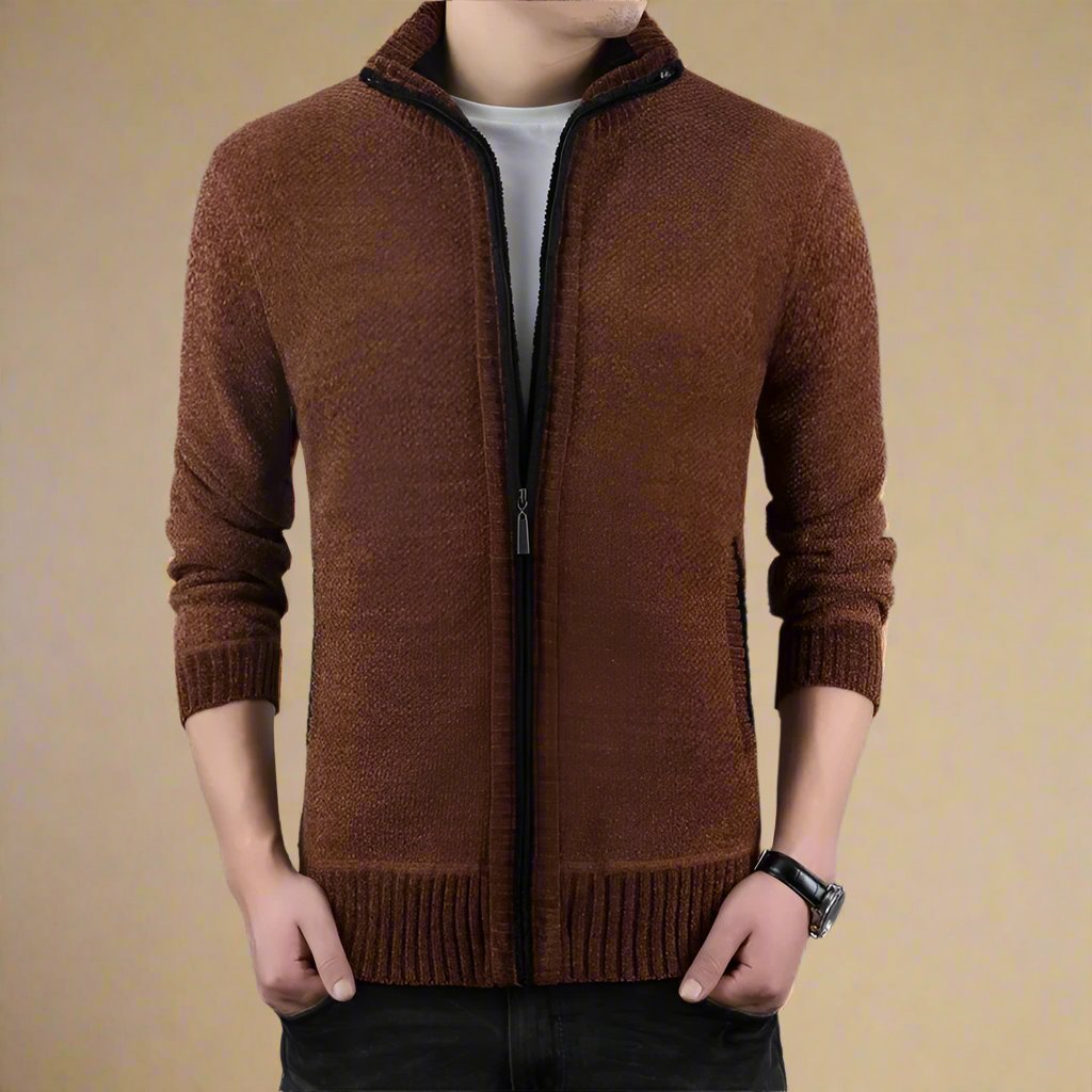 Slim Casual Knitted Jacket for Men with Zip and Collar