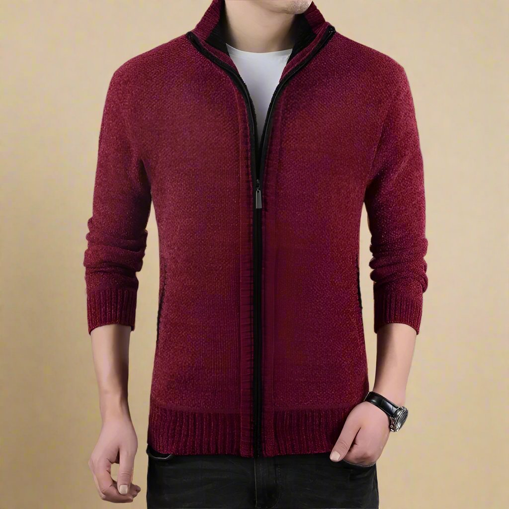 Slim Casual Knitted Jacket for Men with Zip and Collar