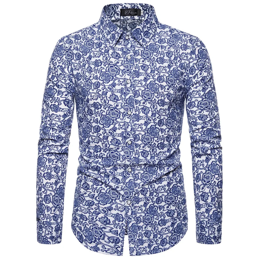 Davids - Blauw Bloemen Gedrukt Eiland Zomer Heren Shirt