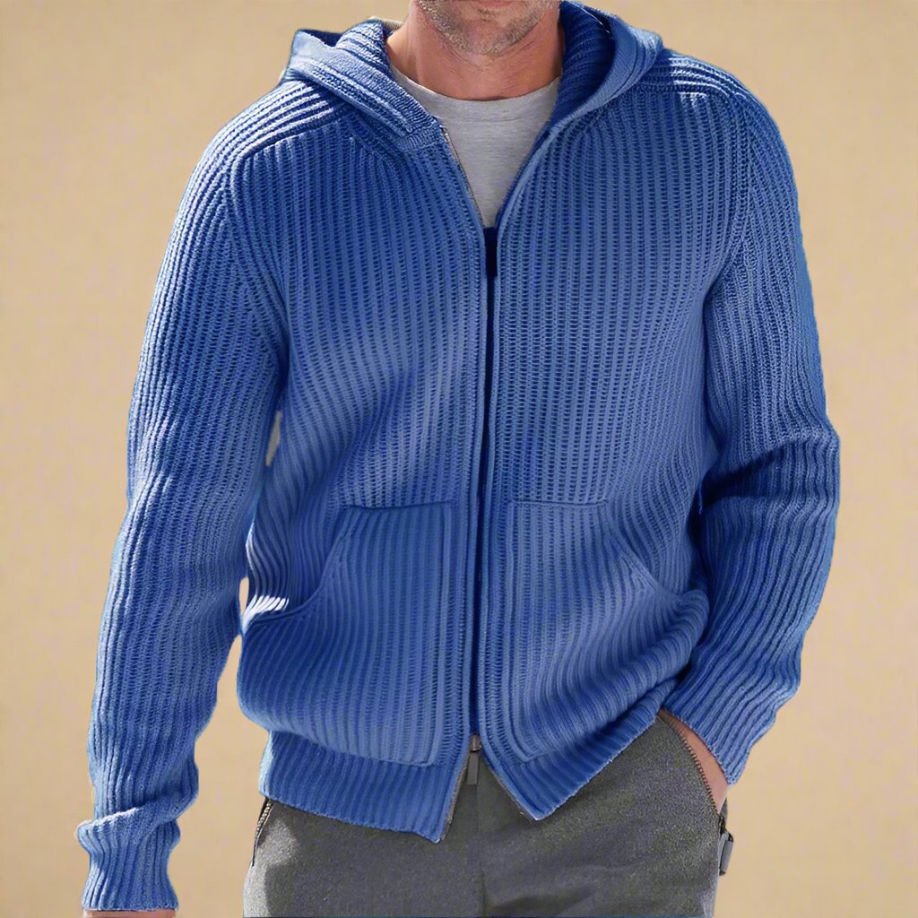 Men's Casual Knitted Jacket with Zipper and Hood