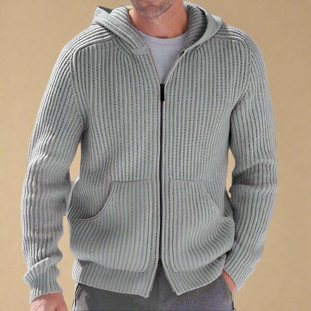 Men's Casual Knitted Jacket with Zipper and Hood